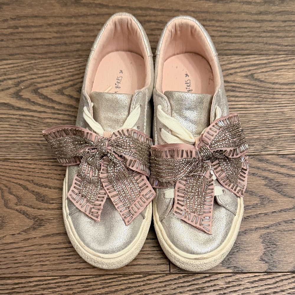 EUC Stylish Kids Silver and Pink Shoes with Bow Accent